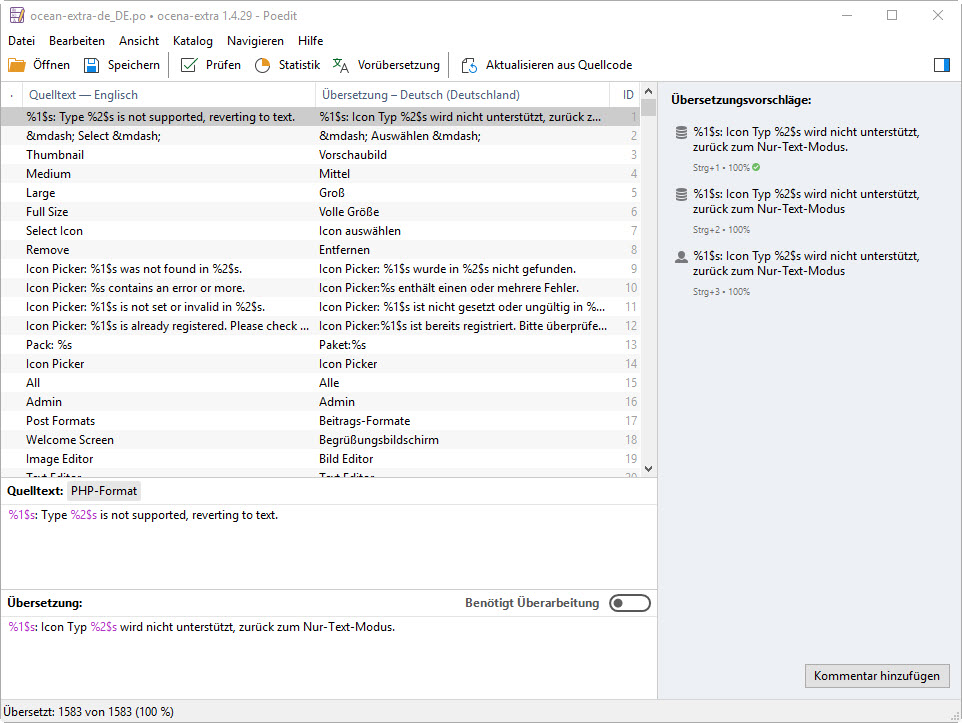 OceanWP - Plugin - Sprachdateien zu 100% in deutscher Sprache übersetzt.